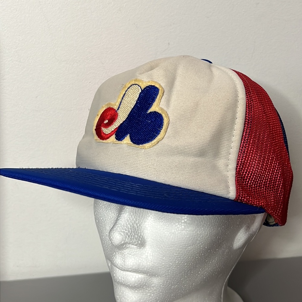 Vintage 80s Montreal Expos Trucker Snapback Cap Hat Checkered Beco Official MLB